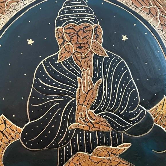 Vintage 15.5" Crackled Wood Handcarved Gold and Black Buddha Wall Art Indonesia - Picture 9 of 15